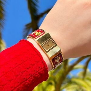 Hermes Loquet Gold-Plated SS White Horses on Red Field Enamel Wristwatch